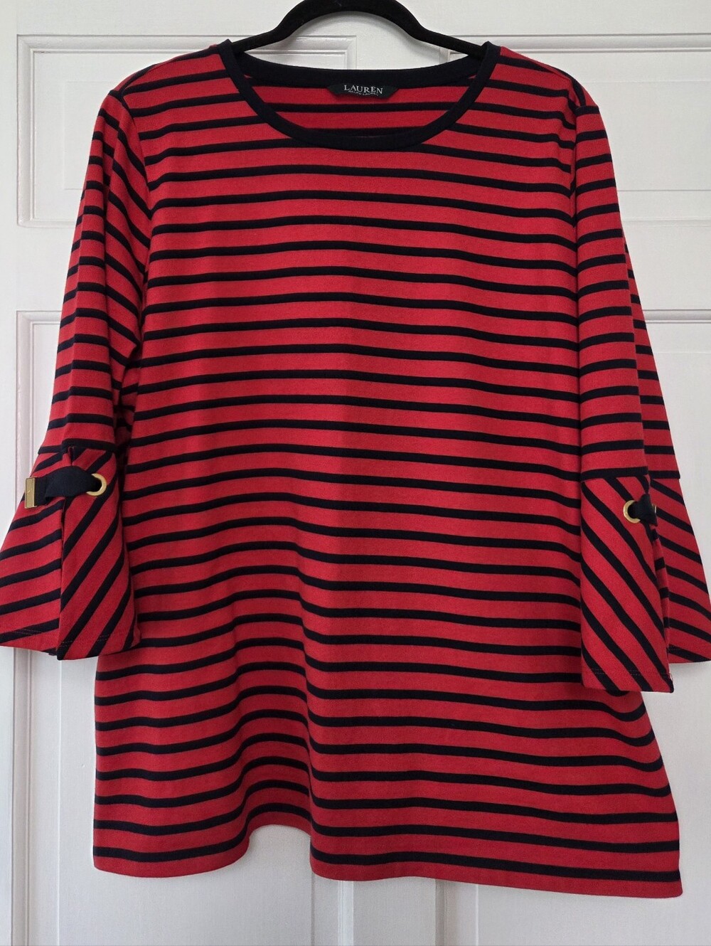 Lauren Ralph Lauren Red and Black Striped Bell-Sleeve Knit Top